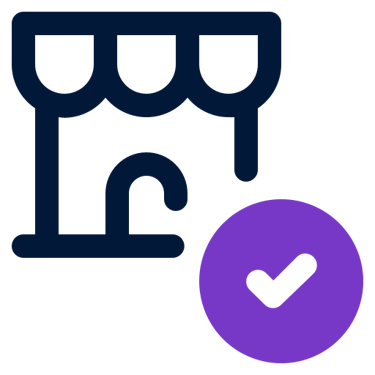 an icon with an image of a warehouse and a purple check mark mark