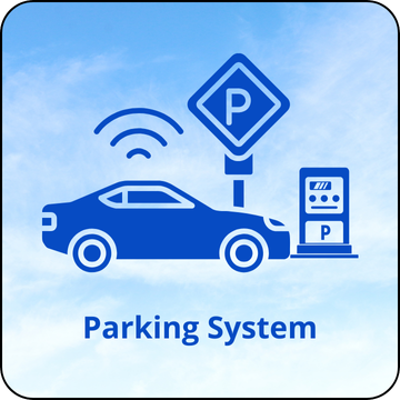 Illustration of intelligent parking system with car, parking sign, and payment terminal