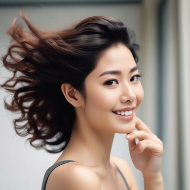 A colorful arrangement featuring skincare products, including bottles labeled 'function of beauty' for shampoo and conditioner. Small boxes for haircare booster shots are also present. The scene is accentuated with vibrant flowers in vases and pastel-colored pom-poms scattered around.