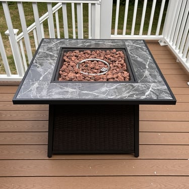 A 35" square gas firepit table by DEKO Living, fully assembled.
