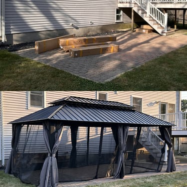 Before and after assembly photos for a 6-post, 12x20 gazebo job completed in Peabody, MA.
