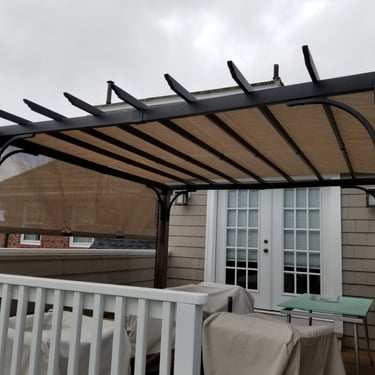 11' x 11' metal pergola with canopy, assembled for a client in Newton, MA