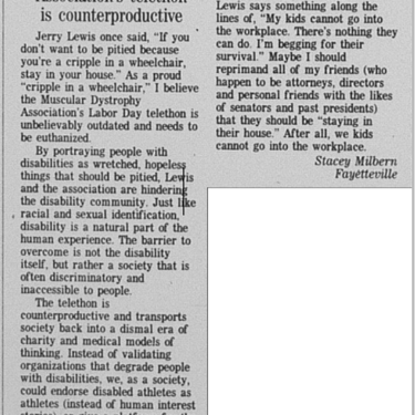 Photocopy of a letter to the editor written by Stacey which is titled "Association's telethon is counterproductive"