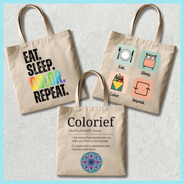 trio of tote bags with coloring related images and phrases