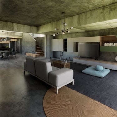 Un living-estar moderno integrado al comedor en tonos oscuros negro y hormigón. diseñado por arquitectura con sentido