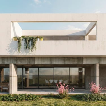 Vista de galería y fachada en casa moderna y minimalista. Hormigón visto y naturaleza. Arquitectura con sentido