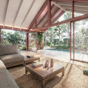 Estar comedor integrados con el exterior por grandes ventanales. casa rancho. arquitectura con sentido.