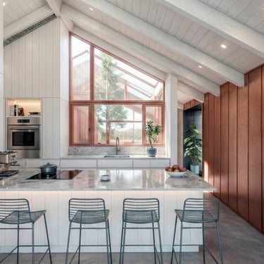 Vista de cocina moderna con gran ventanal y desayunador. Casa Rancho. Arquitecura con sentido.