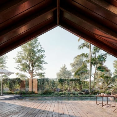 Galería moderna y pileta  moderna. casa rancho. arquitectura con sentido.