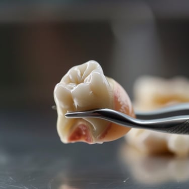 An extracted tooth held in steel forceps