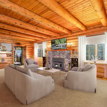Virtual staging living room in a log home for real estate photographer in Sultan WA
