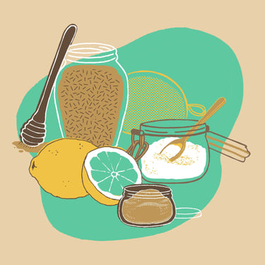 a jar of honey and sugar, lemon and cosmetics