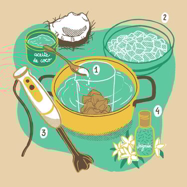 coconut, ice, jazmin oil and a pot heating some cocoa with a spoon and a mixer