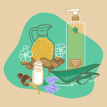 a bottle of almond oil, aloe vera, lavender and cosmetics