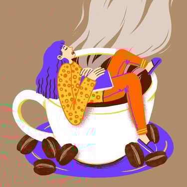 woman sleeping in a steaming cup of coffee, some coffee beans on the side.