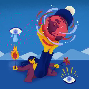 a woman holding a globe with her feet, a fire match and a flower in each hand. Eyes cry and light up