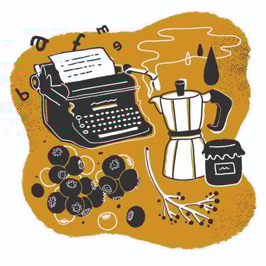 a typewriter next to an espresso machine, blueberries, a jam jar and letters floating