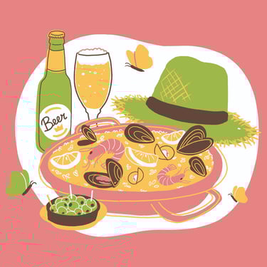 Spanish paella, a beer, a sunhat, olives tapa and some butterflies on a pink background