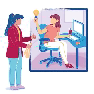 employee at a desk showing a light bulb to her boss, which is erasing the frame where's the employee