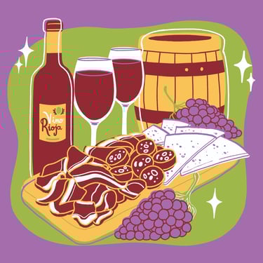 a cheese and meat plate with jamón serrano, chorizo, grapes and two glasses of Rioja wine