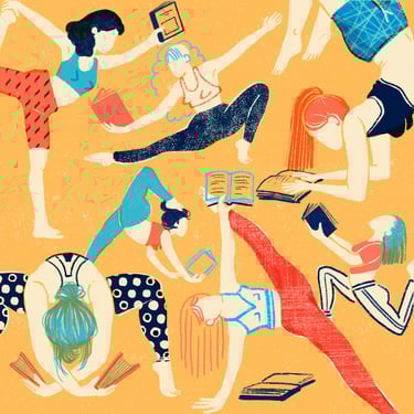 different women doing yoga poses and stretching while reading books