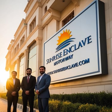 three men standing in front of a sign that says sunrise