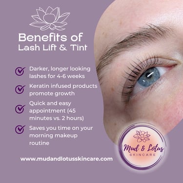 Close-up of eye with lifted lashes next to a list of benefits for lash lift and tint services.