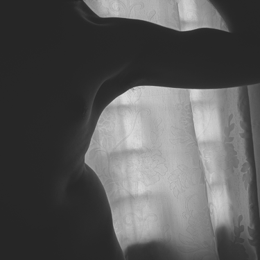 Silueta en claroscuro de un torso, bíceps y tríceps masculino frente a luz de ventana-