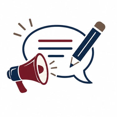 An icon featuring a speech bubble, pencil, and communication elements.