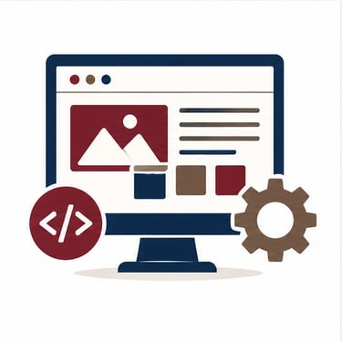 Website development icon featuring a website layout, coding symbol, and settings gear.