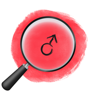 A magnifying glass focusing on a black male gender symbol over a red textured circle background.