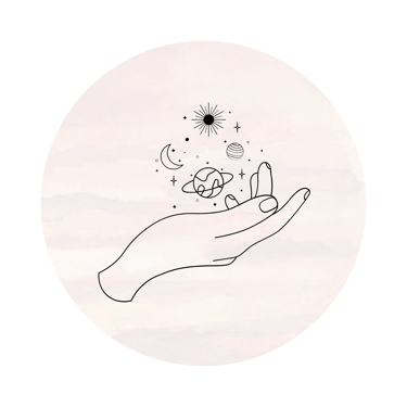 Celestial line art of a hand holding planets and stars on a dark brown watercolor background.