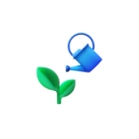 a blue watering canister watering a green guide app plant