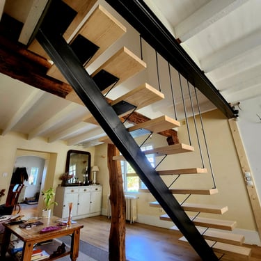 escalier métal droit limon central garde corps harpe métal marches bois