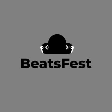 Digital sketch - black cloud wearing white earbuds with sound waves coming from the earbuds. Below is the text "BeatsFest".