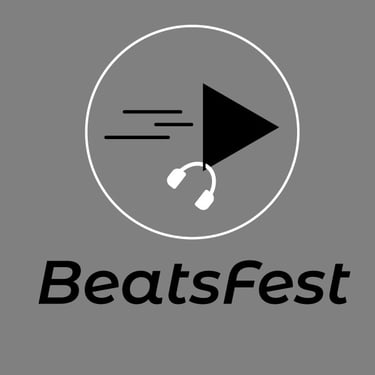 Digital sketch - a white circle with a black play button with motion lines & a white headphone and "BeatsFest" at the bottom.