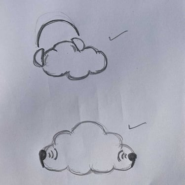 Hand-drawn logo sketches - Clouds wearing headphones and earbuds.