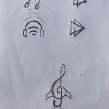 Hand-drawn logo sketches - triangular shapes, headphone icons, sound waves, and a treble clef with rocket smoke trails.
