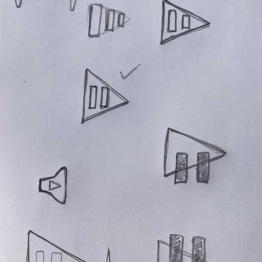 Hand-drawn sketches - triangular shapes with vertical bars inside, some connected to squiggly lines resembling sound waves.