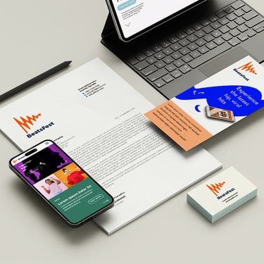 BeastFest logo mock-up on laptop, smartphone, and stationery items including letterhead, brochure, business cards, and pen.