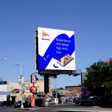 A billboard mock-up with the BeatsFest logo in an urban setting displaying a music app on a smartphone and earbuds.