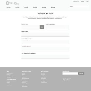 Wireframe design of Contact Us webpage for Tulips & Roses website.