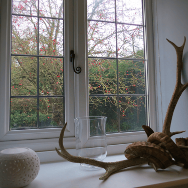 a photo of the landing window at Campion Cottage with deer antlers on the window ledge