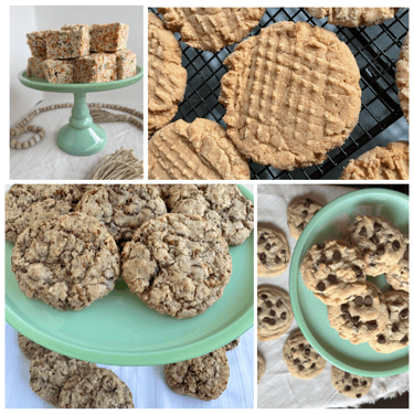 a collage of cookies and cookies on a cake stand