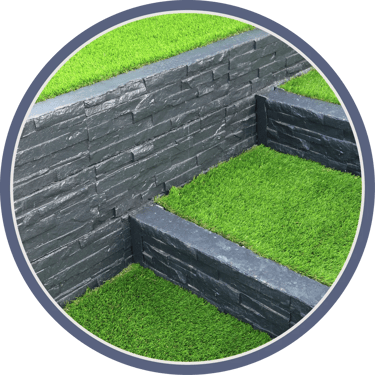 A circular image shows dark grey textured walls with green turf on top, possibly a garden bed.