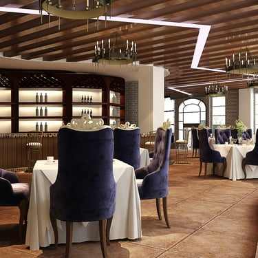 Không gian nhà hàng sang trọng với bàn ghế bọc vải nhung tím và quầy bar gỗ