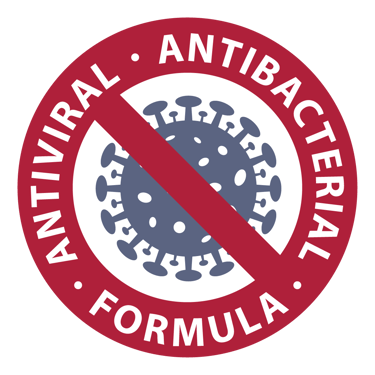 Red circular badge: "Antiviral, Antibacterial Formula" with a crossed-out virus.
