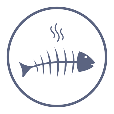 A round badge shows a blue fish skeleton with wavy lines above, indicating a bad smell.