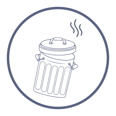 A round badge shows a trash can with wavy lines, indicating a bad odor.