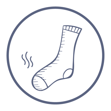  A round badge shows a line drawing of a sock with wavy lines, indicating a bad odor.